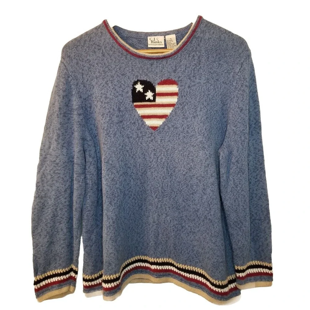 CJ Banks Vintage Sweater Knit Womens 1X Fall Winter Heart Blue Pullover
